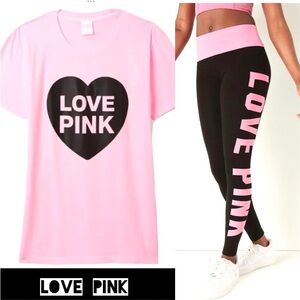 NWT VS PINK ORIGINALS CAMPUS TEE & MATCHING LEGGINGS LOGO HEART 2 PIECE SET